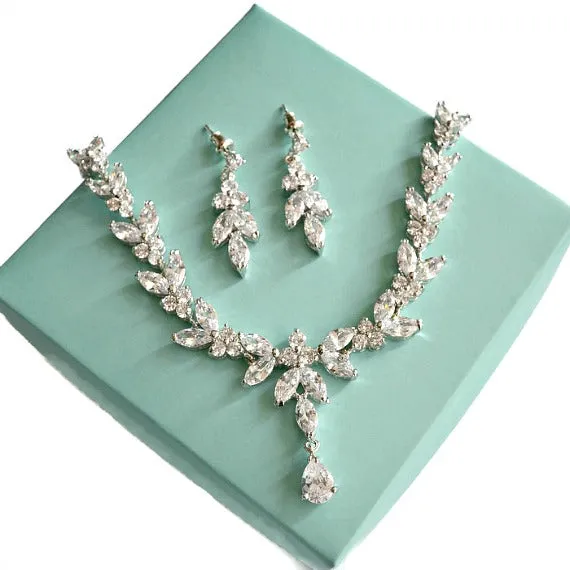 Art Deco Marquise Leaves Cubic Zirconia Wedding Necklace Set, CZ Crystal Necklace Earrings Bridal Jewelry Set, Wedding Jewelry Set