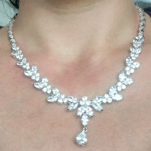 Art Deco Marquise Leaves Cubic Zirconia Wedding Necklace Set, CZ Crystal Necklace Earrings Bridal Jewelry Set, Wedding Jewelry Set