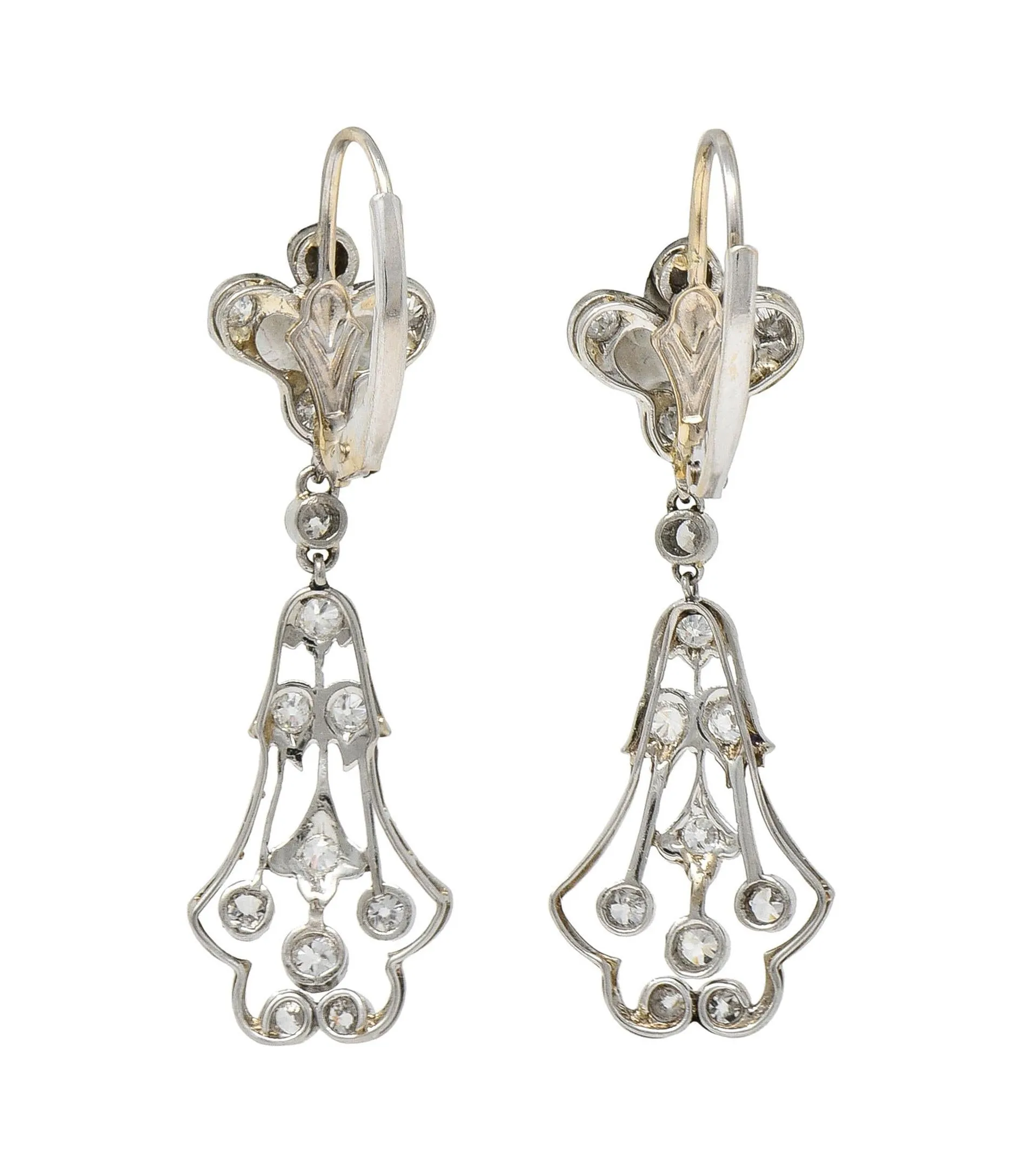 Art Deco Old European Cut Diamond Platinum Antique Lily Drop Earrings
