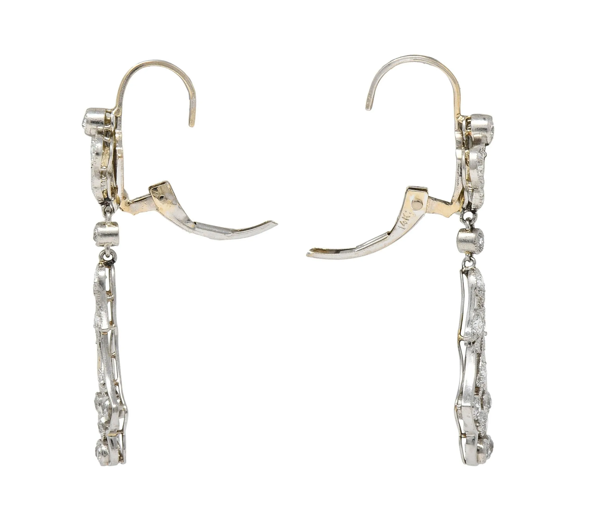 Art Deco Old European Cut Diamond Platinum Antique Lily Drop Earrings