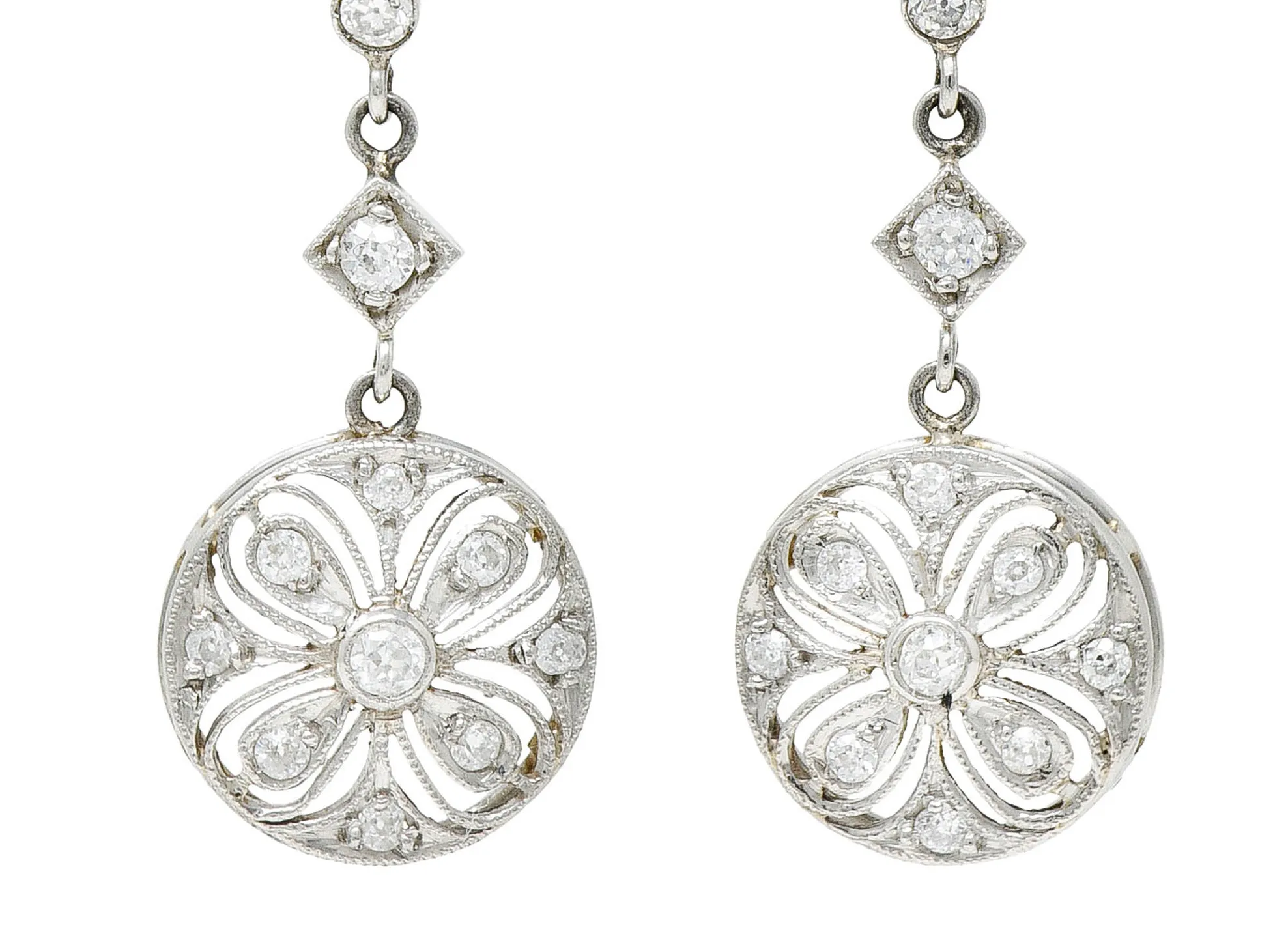 Art Deco Old European Cut Diamond Platinum Flower Drop Earrings