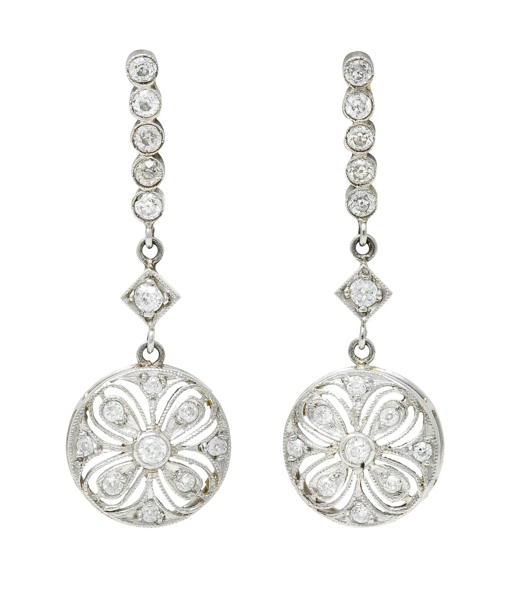 Art Deco Old European Cut Diamond Platinum Flower Drop Earrings