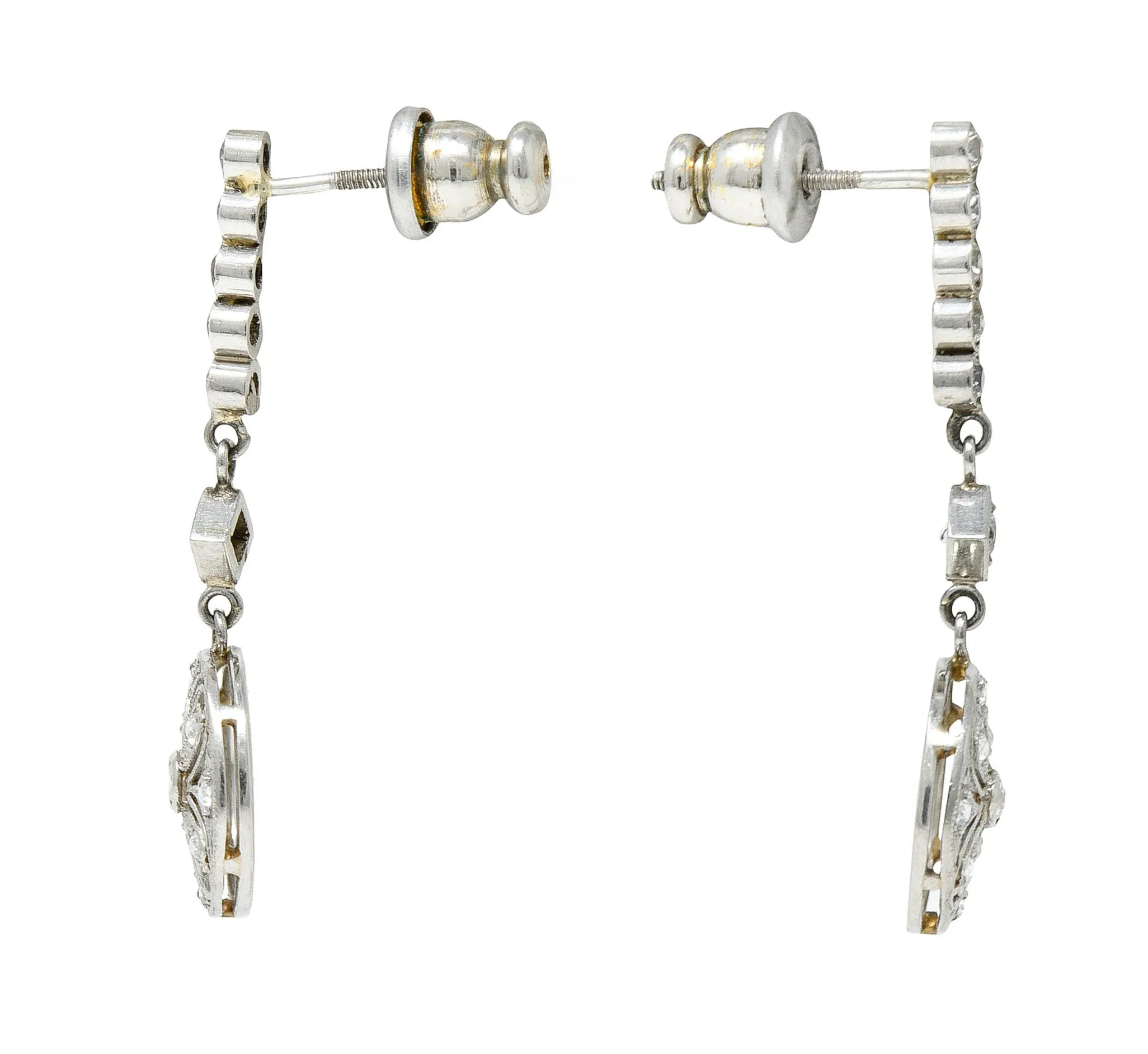 Art Deco Old European Cut Diamond Platinum Flower Drop Earrings