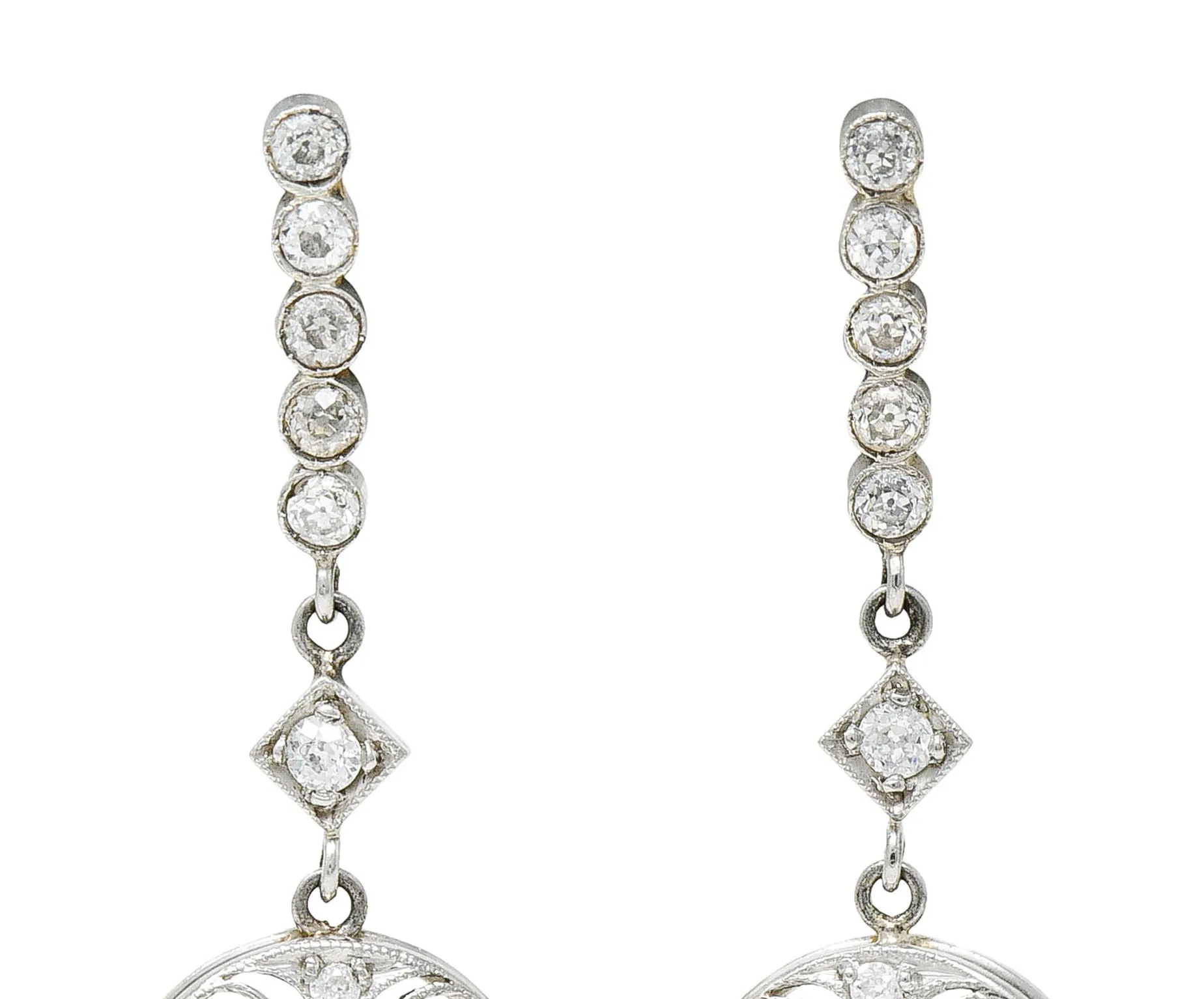 Art Deco Old European Cut Diamond Platinum Flower Drop Earrings