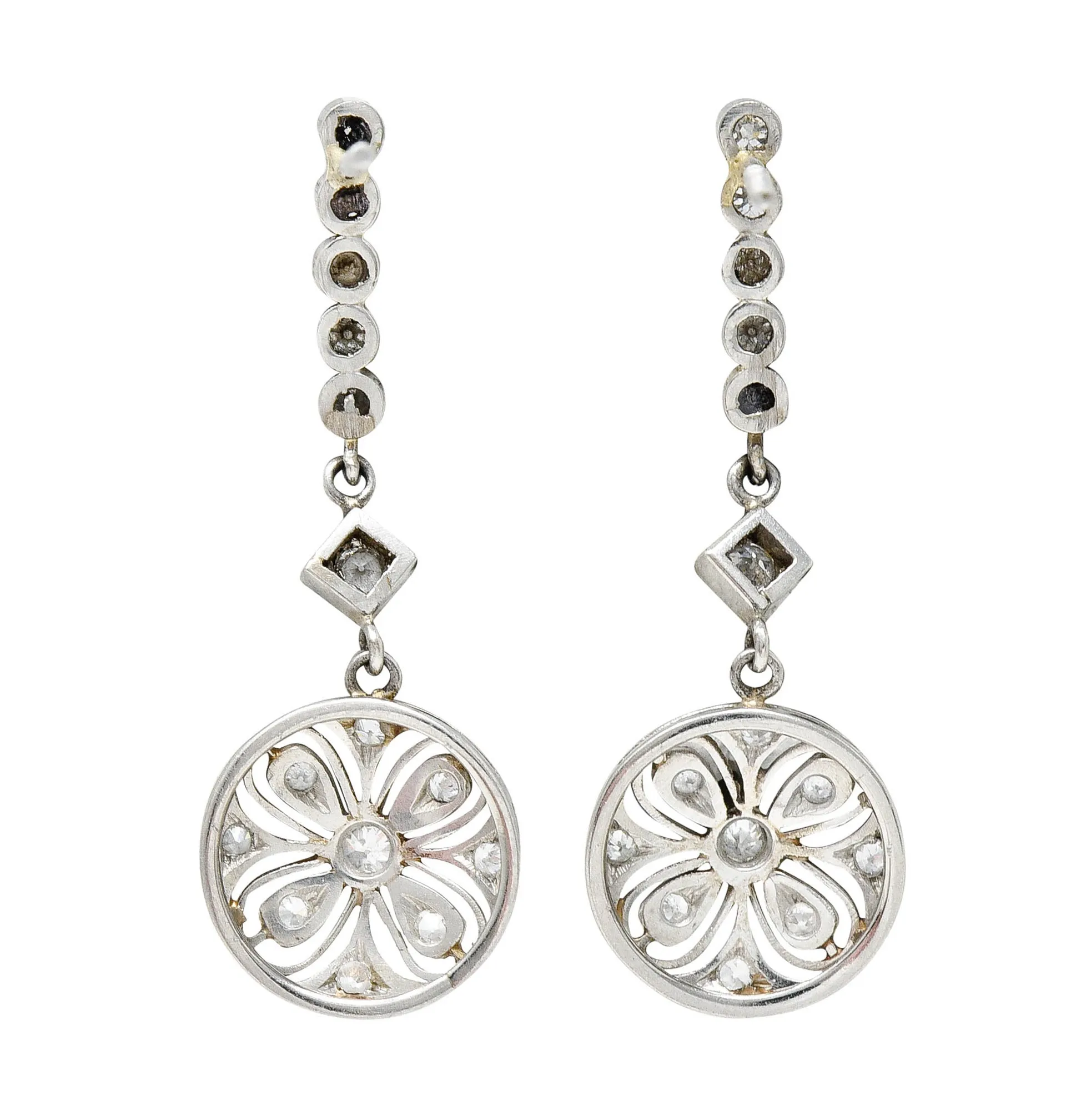 Art Deco Old European Cut Diamond Platinum Flower Drop Earrings