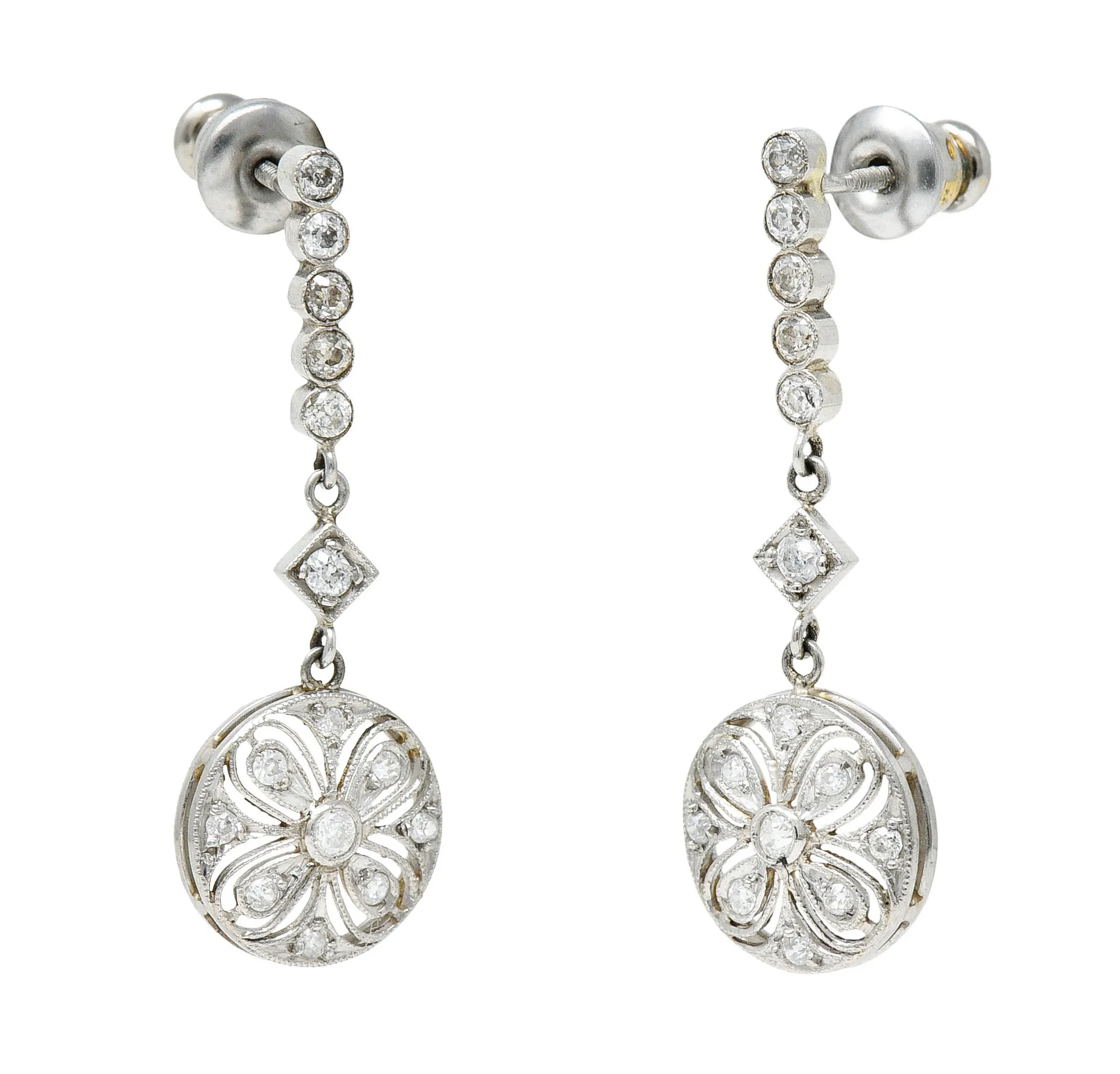 Art Deco Old European Cut Diamond Platinum Flower Drop Earrings