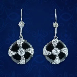 Art Deco Onyx Diamond Drop Earrings Platinum