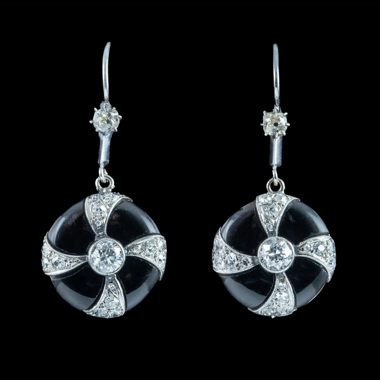Art Deco Onyx Diamond Drop Earrings Platinum