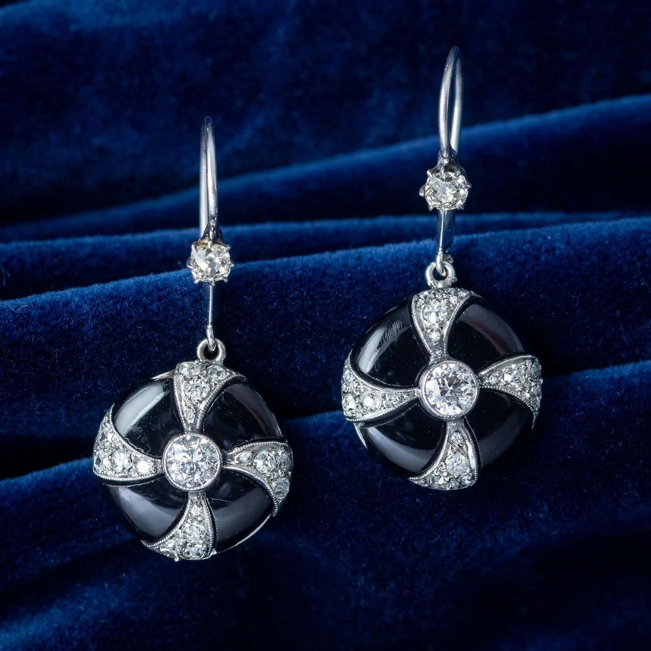 Art Deco Onyx Diamond Drop Earrings Platinum