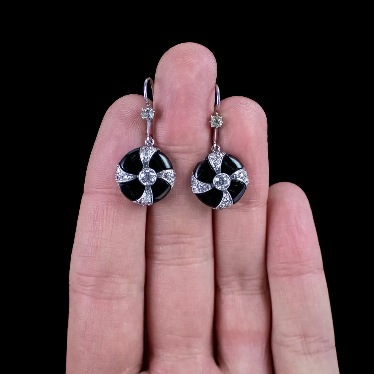 Art Deco Onyx Diamond Drop Earrings Platinum