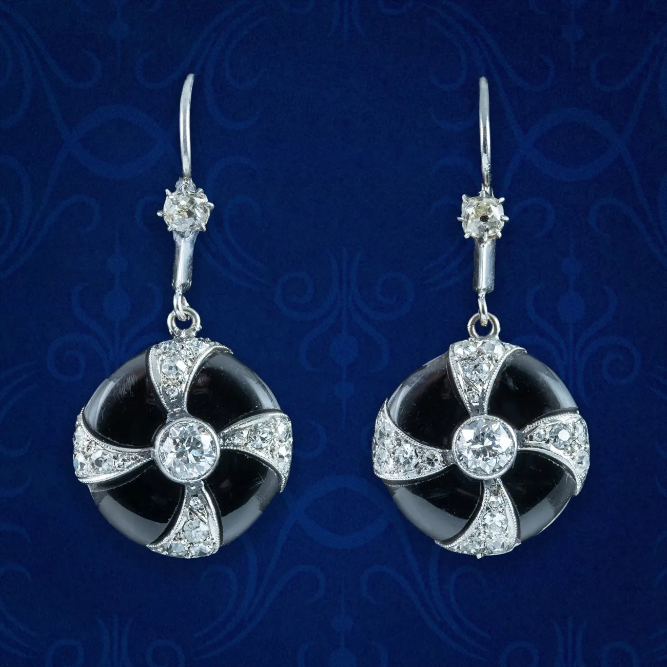 Art Deco Onyx Diamond Drop Earrings Platinum
