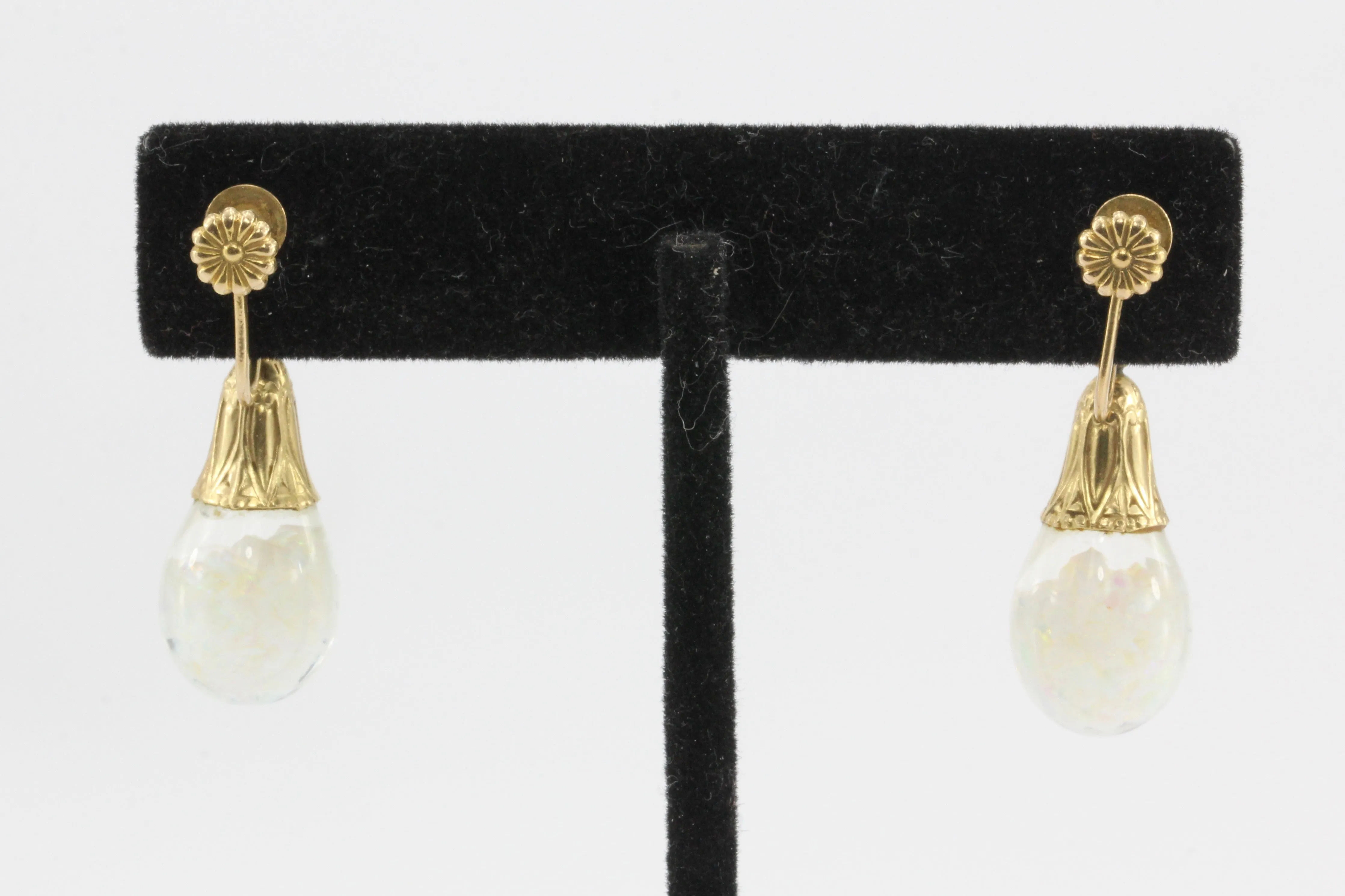 Art Deco Original Horace Welch 14K Gold Floating Opal Drop Earrings c1930