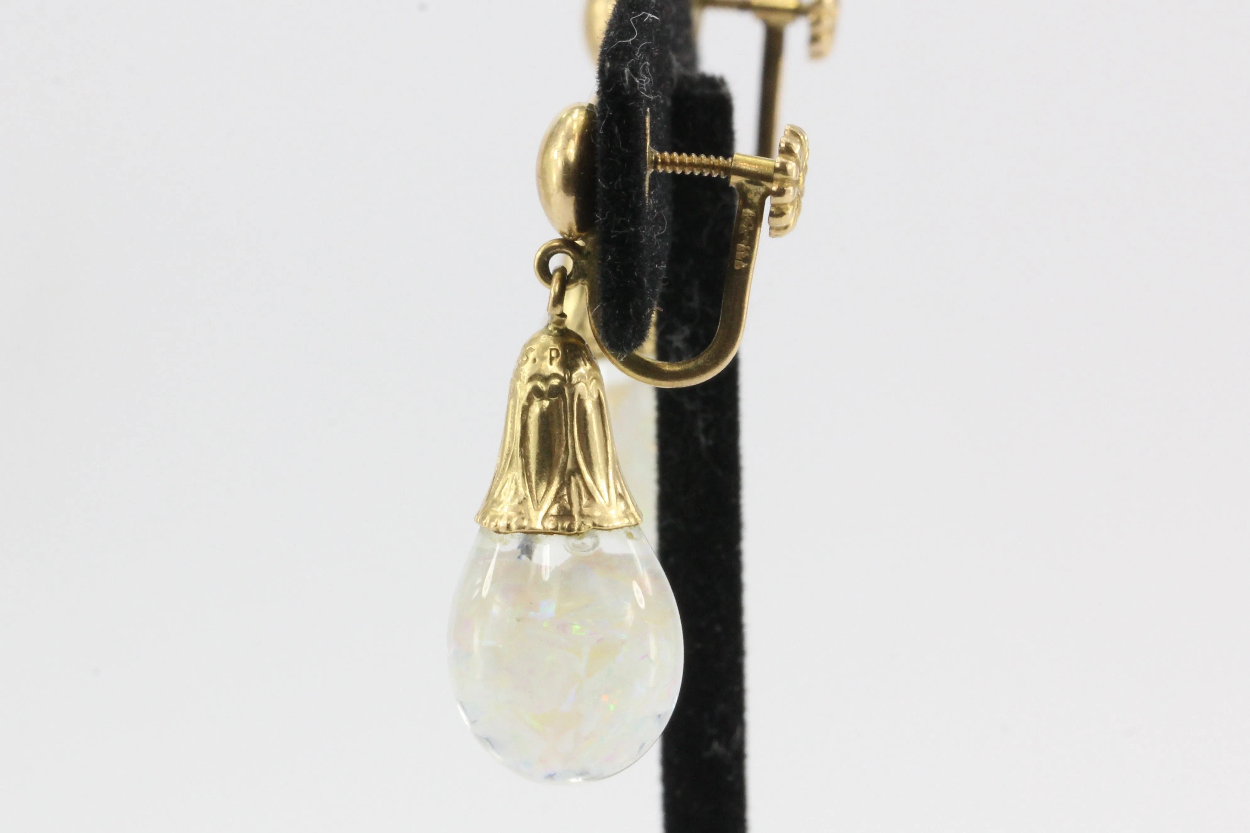 Art Deco Original Horace Welch 14K Gold Floating Opal Drop Earrings c1930