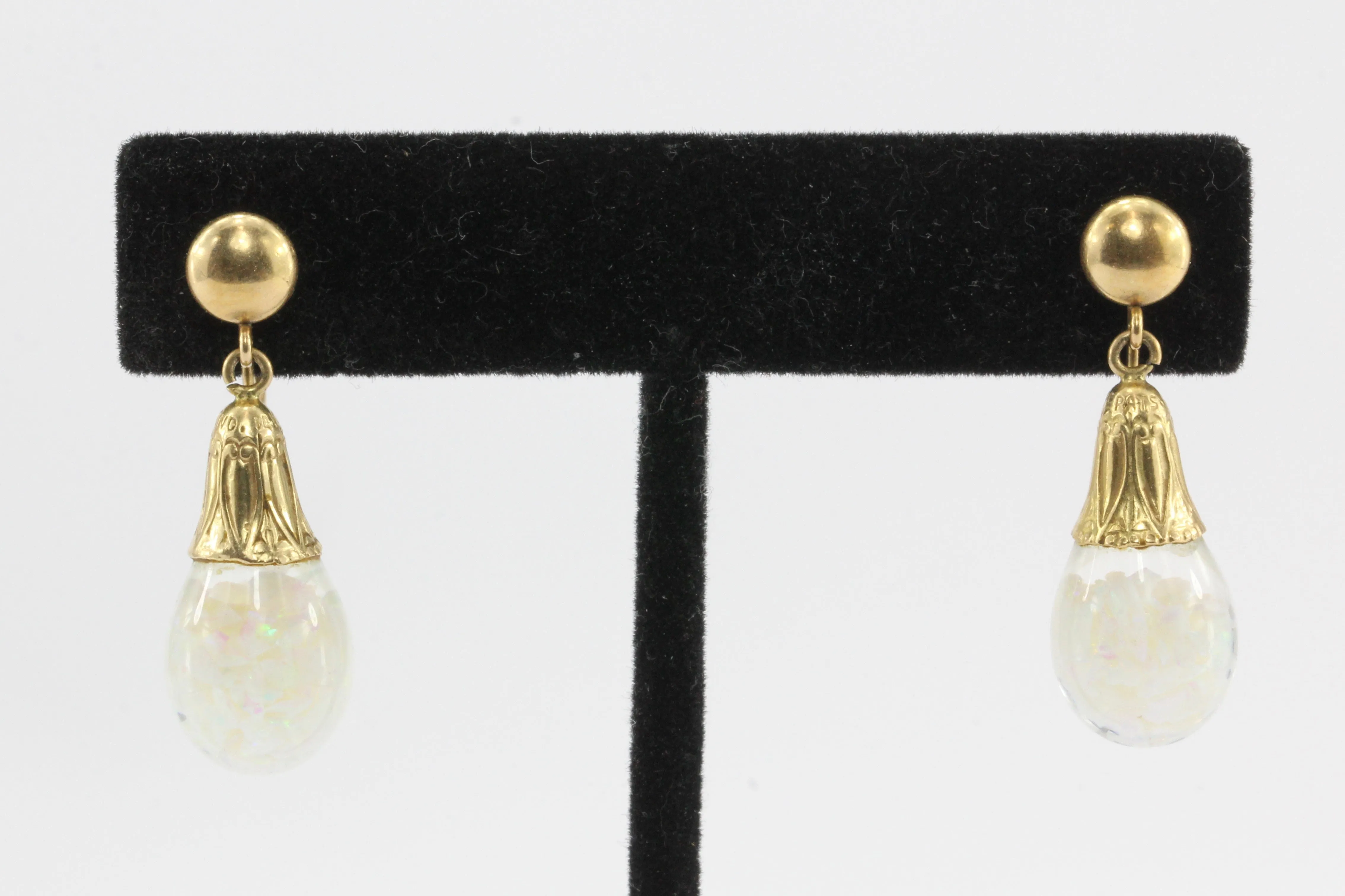 Art Deco Original Horace Welch 14K Gold Floating Opal Drop Earrings c1930