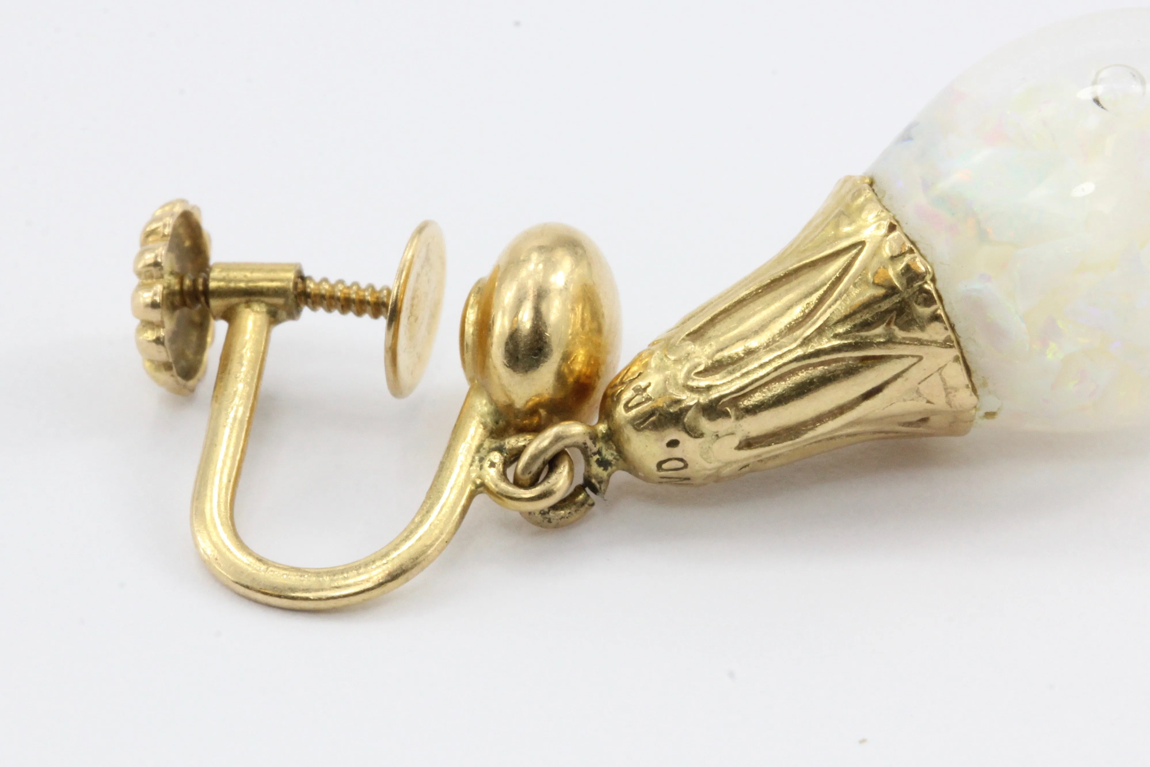 Art Deco Original Horace Welch 14K Gold Floating Opal Drop Earrings c1930