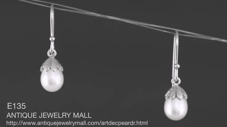 Art Deco Pearl Drop Earrings in 14 Karat White Gold