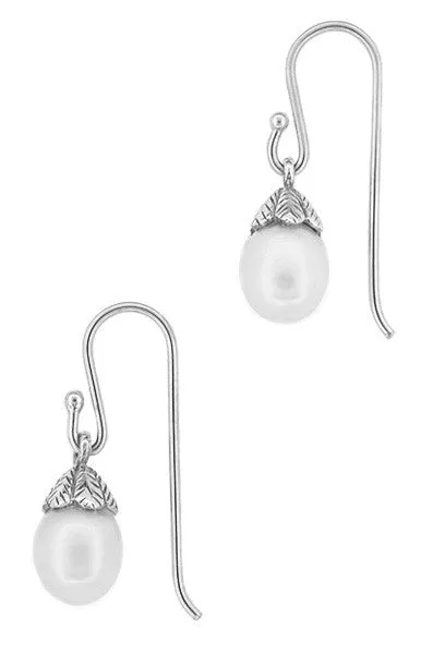 Art Deco Pearl Drop Earrings in 14 Karat White Gold