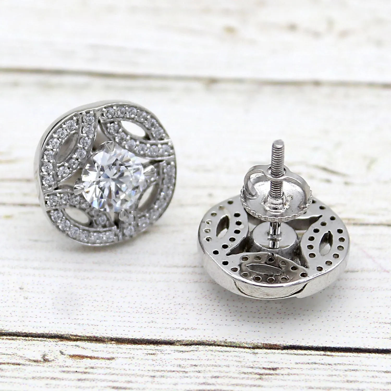Art Deco Round Diamond Cluster 14k White Gold Earrings