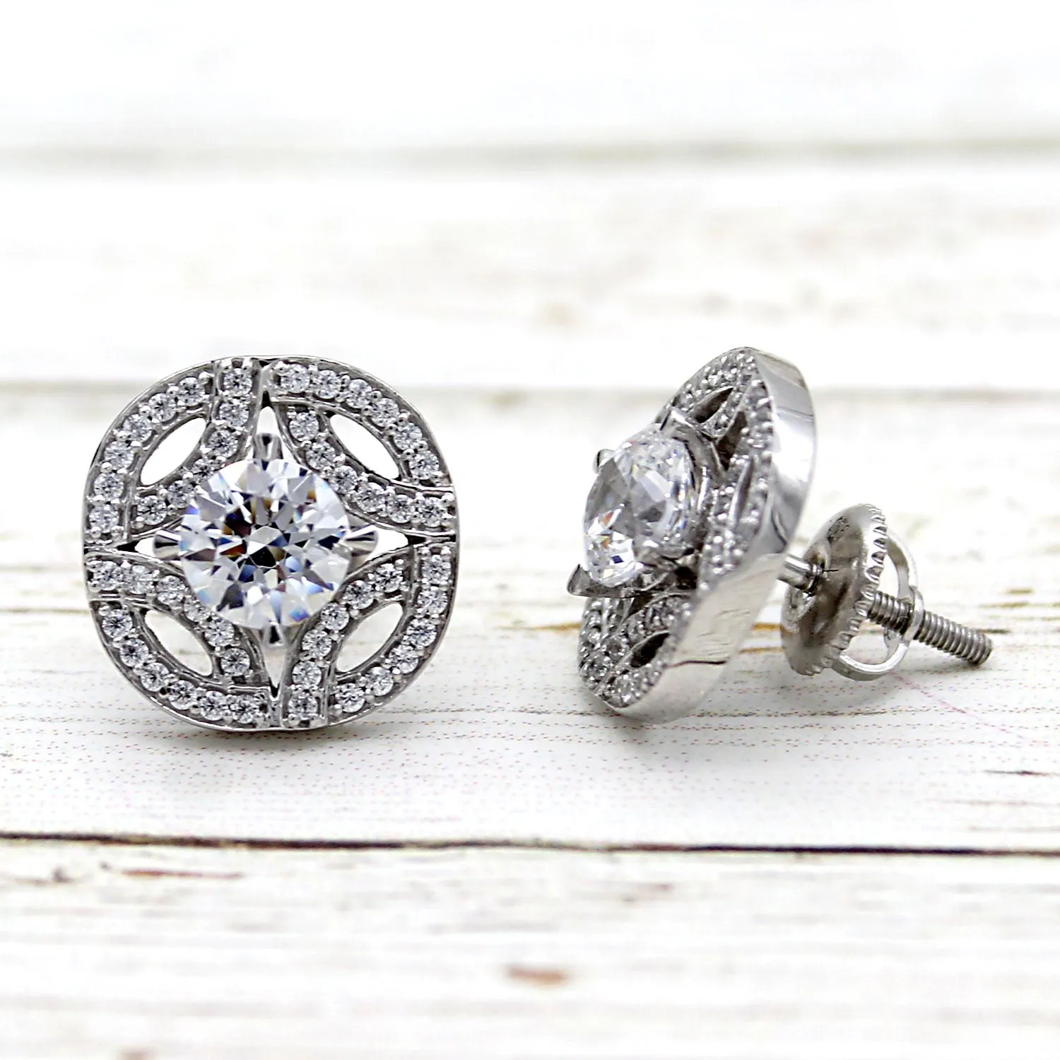 Art Deco Round Diamond Cluster 14k White Gold Earrings