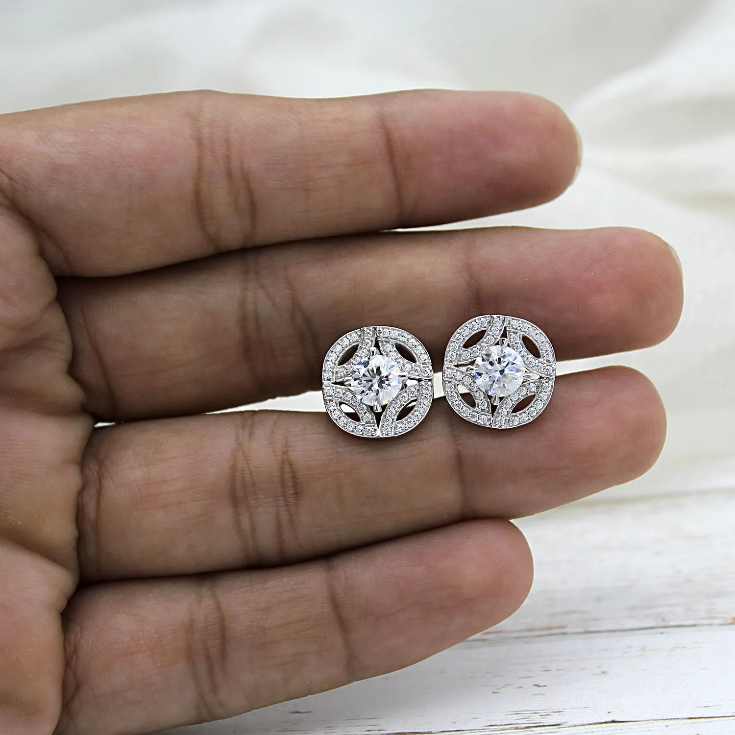 Art Deco Round Diamond Cluster 14k White Gold Earrings