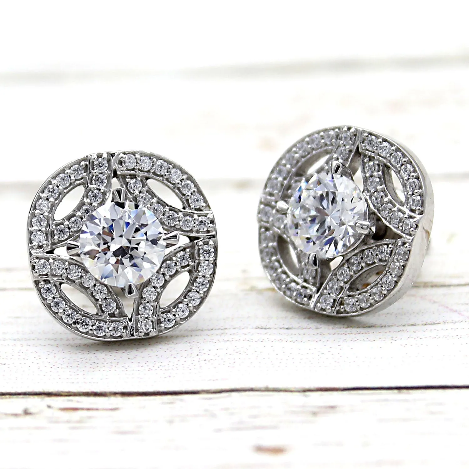 Art Deco Round Diamond Cluster 14k White Gold Earrings