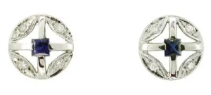 Art Deco Square Sapphire and Diamond Earrings in 14 Karat White Gold
