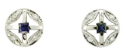 Art Deco Square Sapphire and Diamond Earrings in 14 Karat White Gold