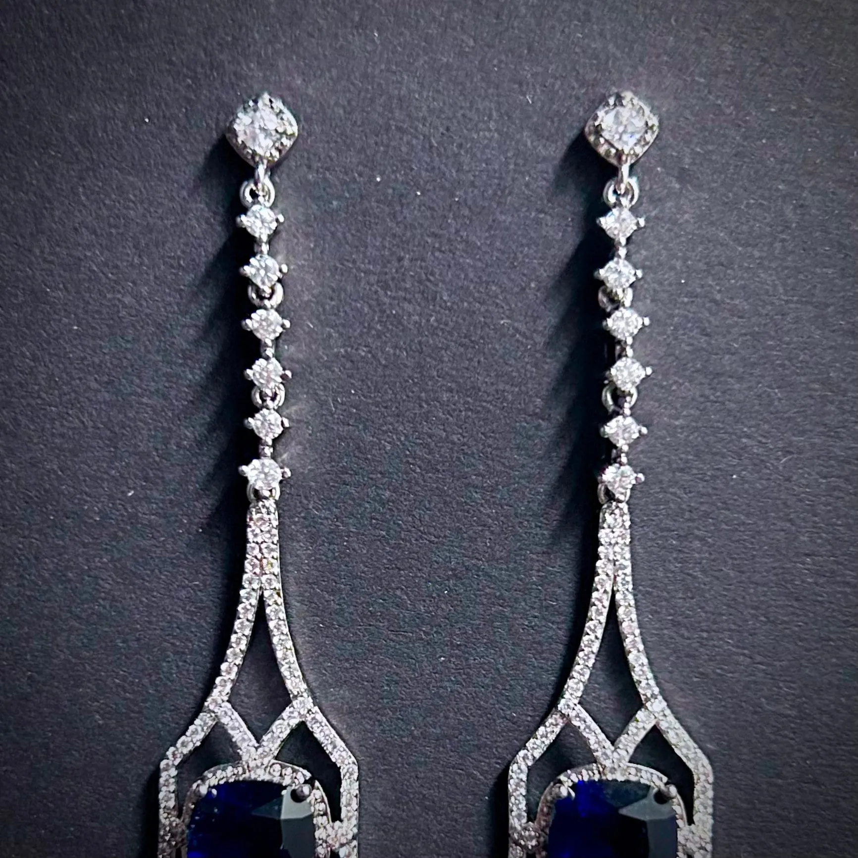 Art Deco Square Sapphire Silver Drop Earrings