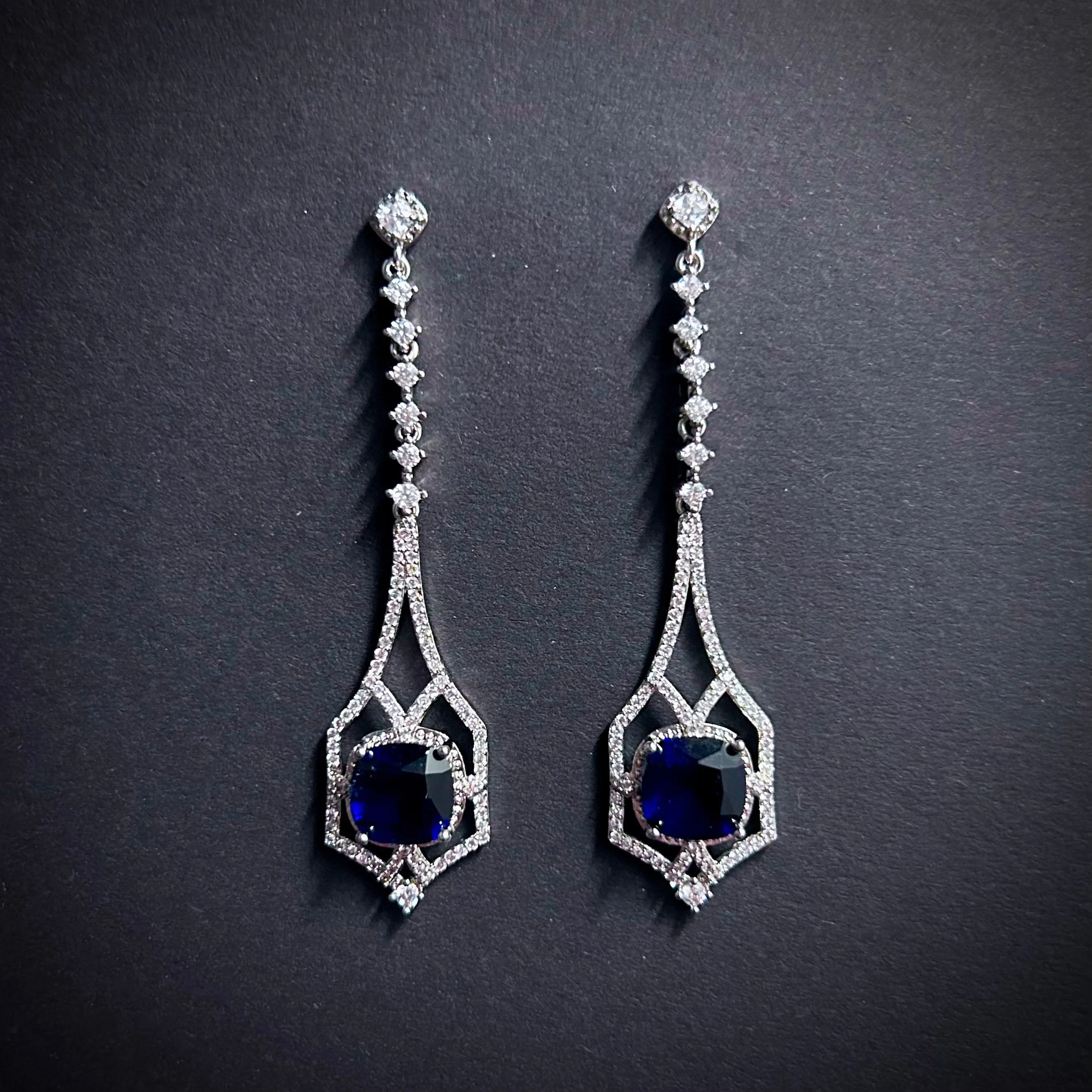Art Deco Square Sapphire Silver Drop Earrings
