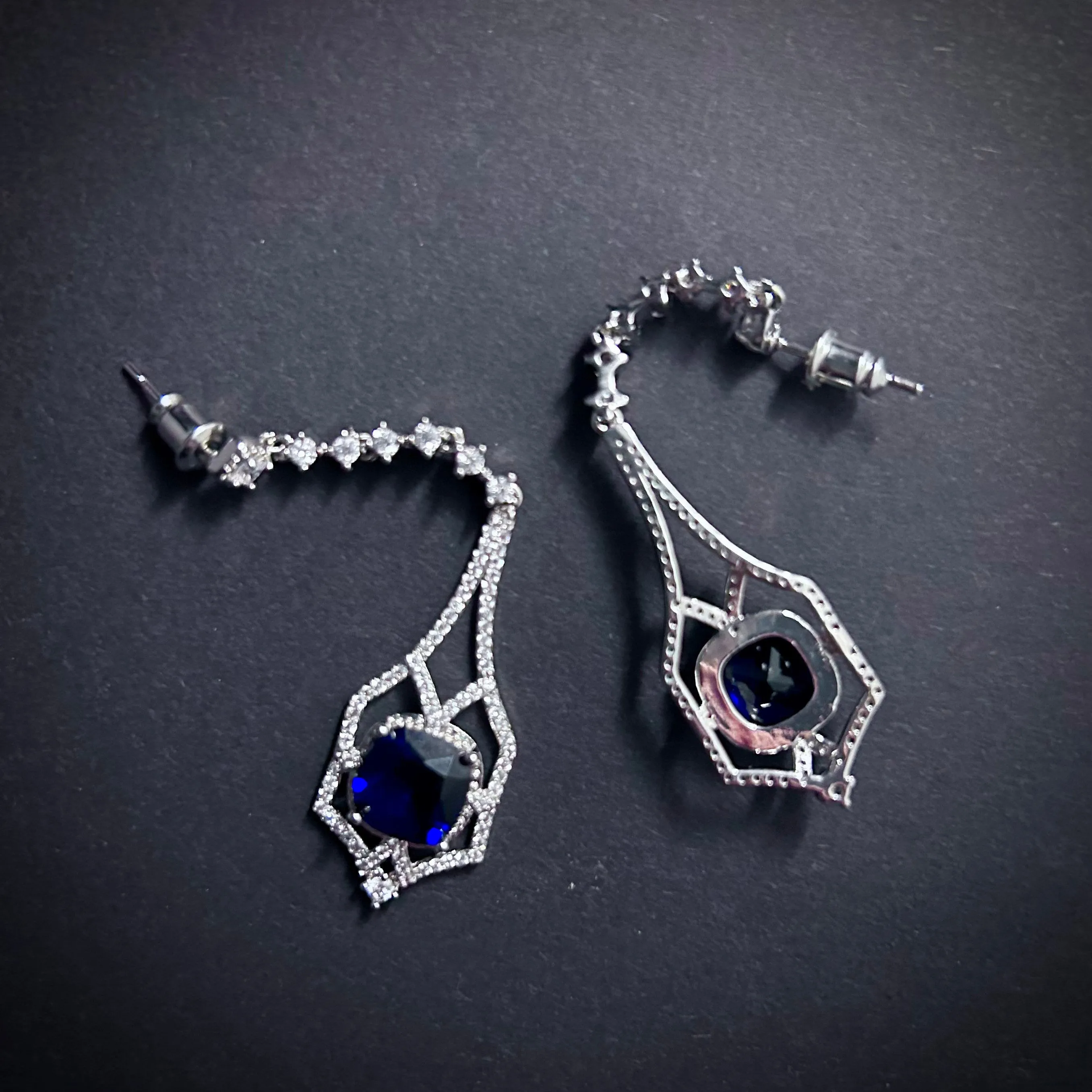 Art Deco Square Sapphire Silver Drop Earrings