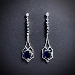 Art Deco Square Sapphire Silver Drop Earrings