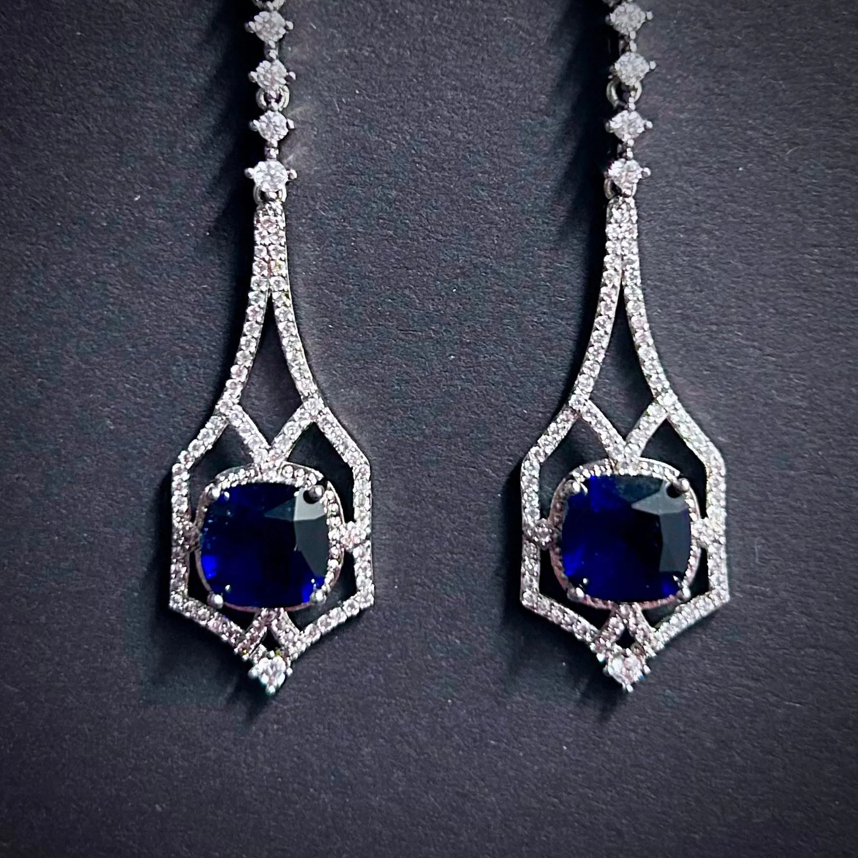 Art Deco Square Sapphire Silver Drop Earrings