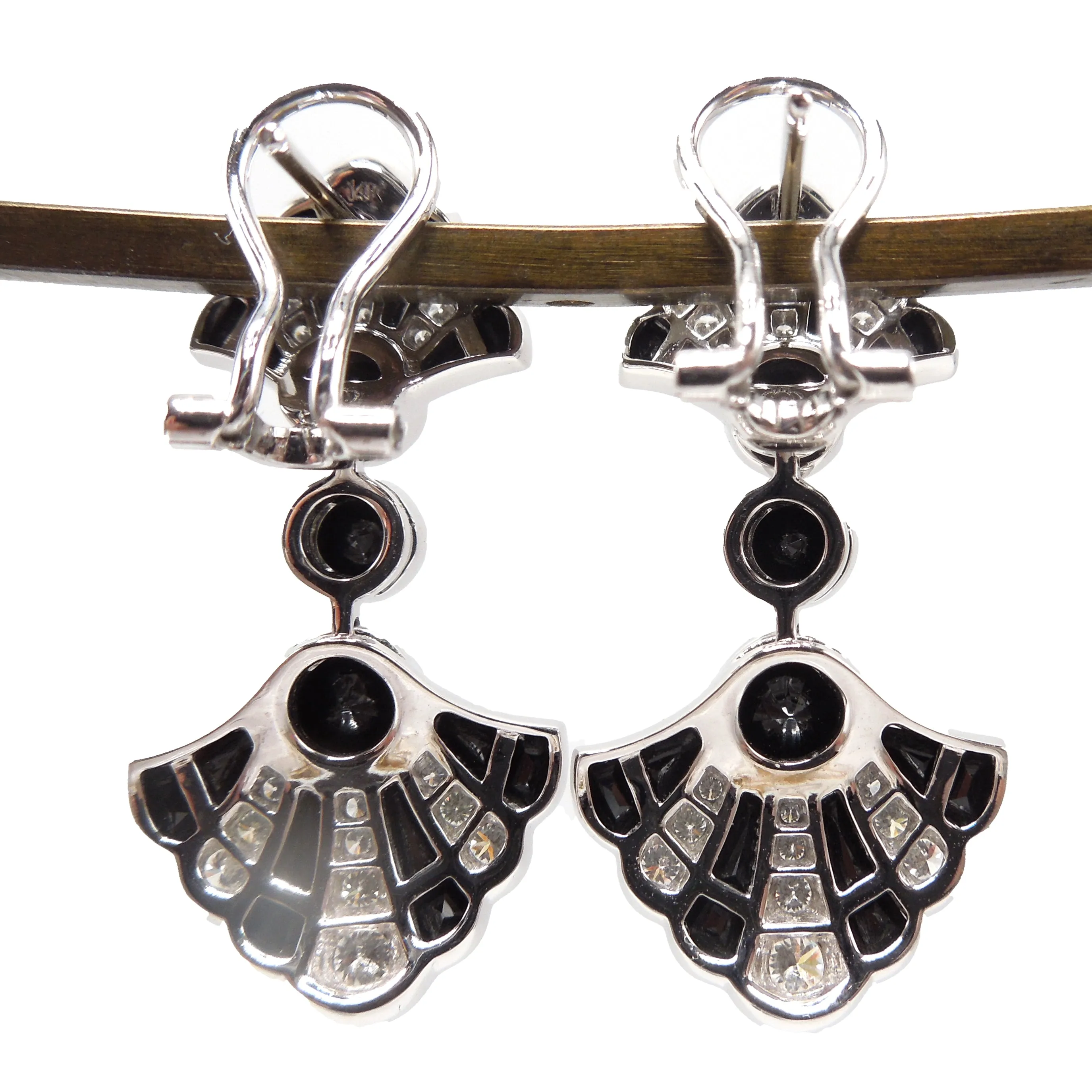 Art Deco Style Belle Epoch Onyx and Diamond Fan Drop Earrings in 18K White Gold