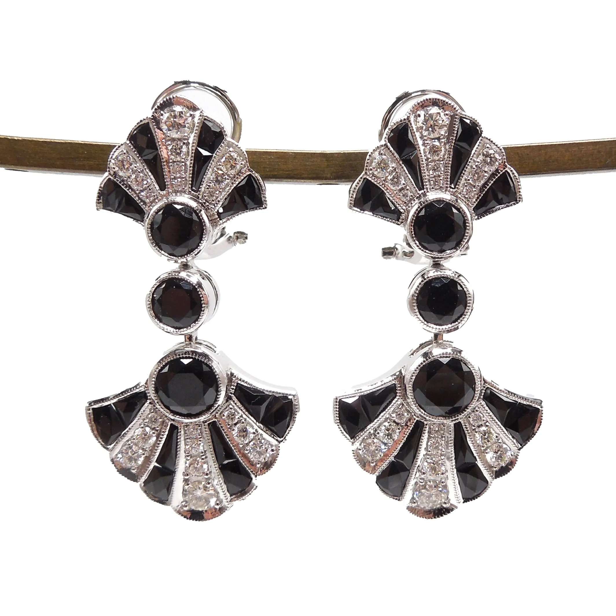Art Deco Style Belle Epoch Onyx and Diamond Fan Drop Earrings in 18K White Gold