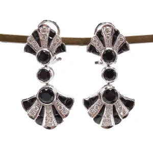 Art Deco Style Belle Epoch Onyx and Diamond Fan Drop Earrings in 18K White Gold