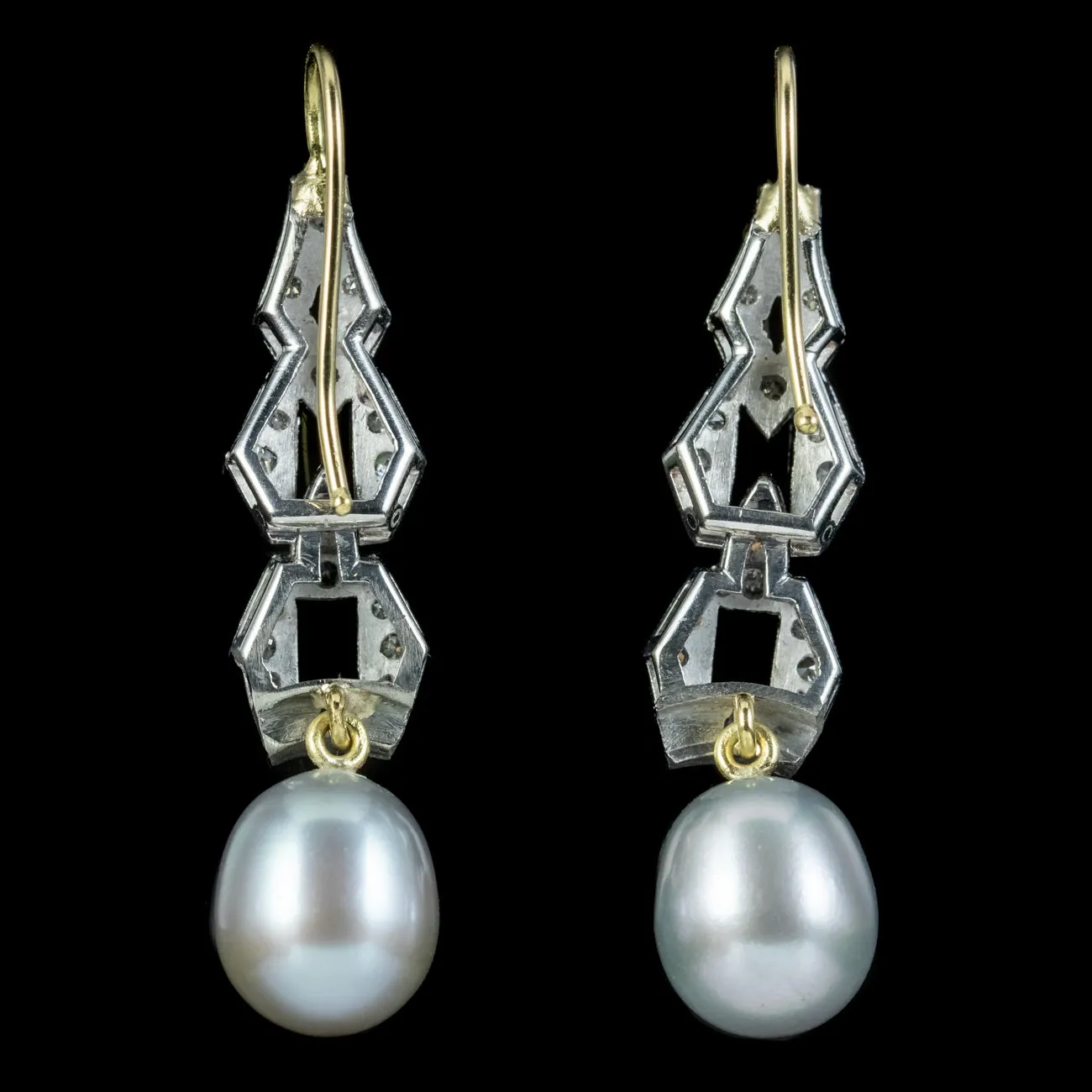 Art Deco Style Pearl Diamond Drop Earrings Platinum Gold Wires