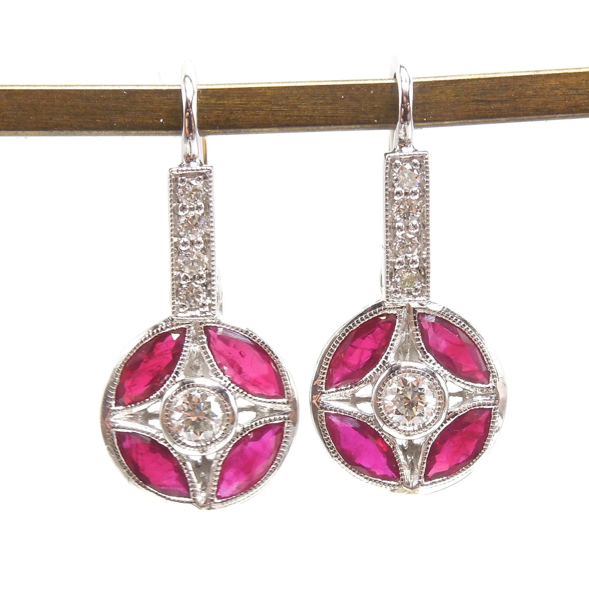 Art Deco Style Ruby and Diamond Bicolor Gold Lever Back Earrings