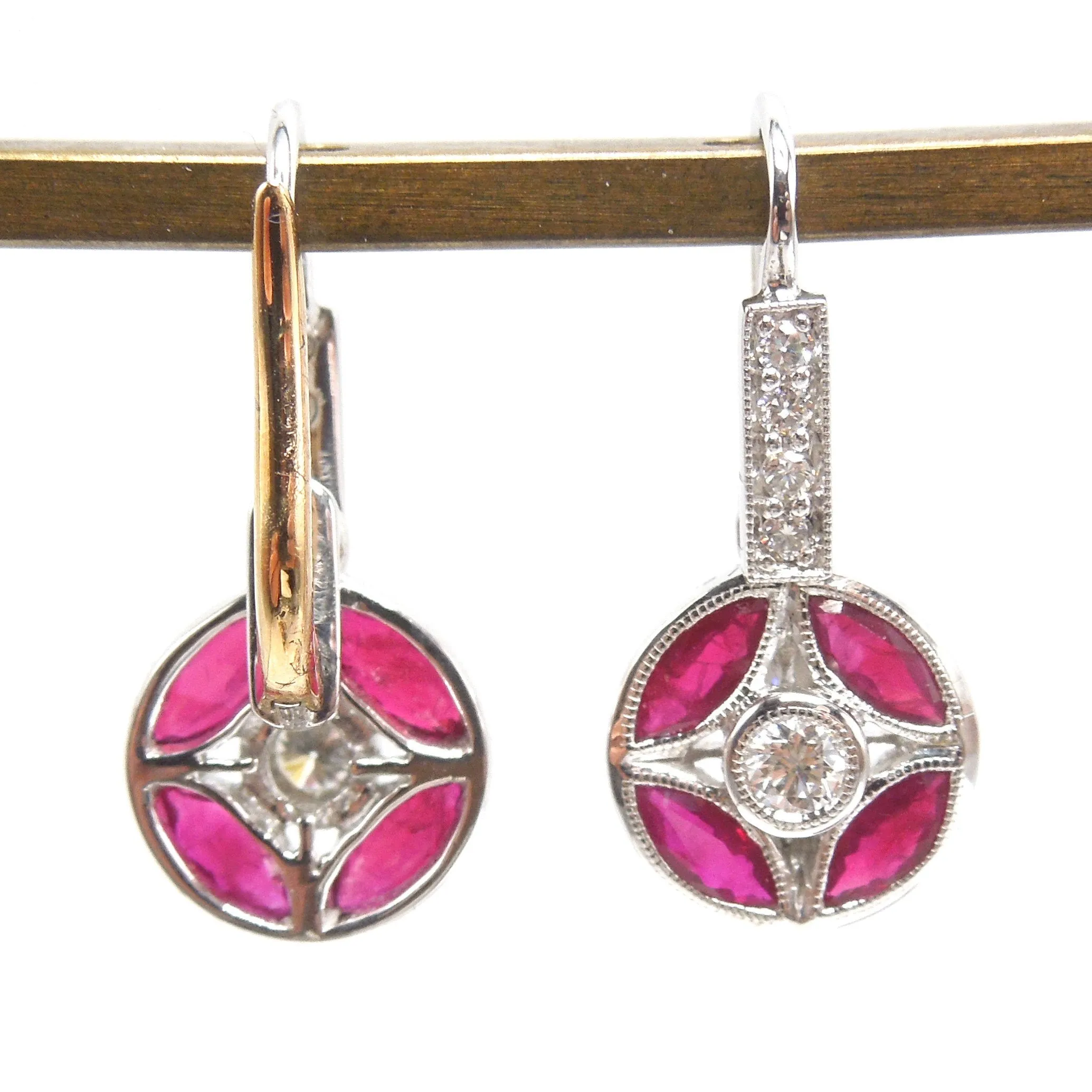 Art Deco Style Ruby and Diamond Bicolor Gold Lever Back Earrings