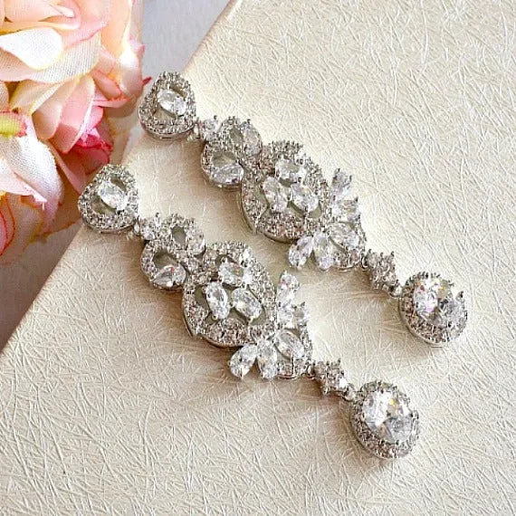Art Deco Vintage Style White Gold Bridal Earrings, CZ Crystal Wedding Earrings, Long Chandelier Statement Earrings, Bridesmaid Earrings