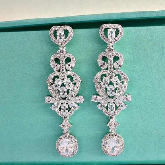 Art Deco Vintage Style White Gold Bridal Earrings, CZ Crystal Wedding Earrings, Long Chandelier Statement Earrings, Bridesmaid Earrings