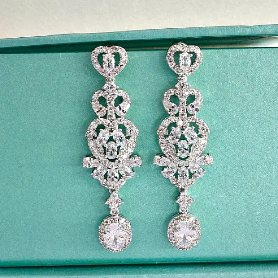 Art Deco Vintage Style White Gold Bridal Earrings, CZ Crystal Wedding Earrings, Long Chandelier Statement Earrings, Bridesmaid Earrings
