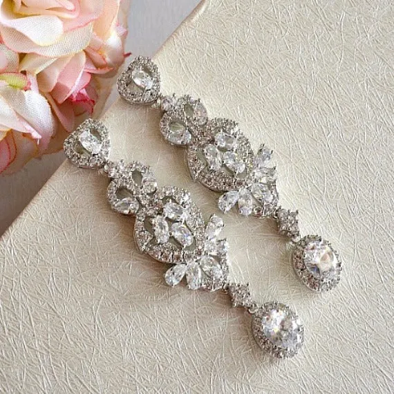 Art Deco Vintage Style White Gold Bridal Earrings, CZ Crystal Wedding Earrings, Long Chandelier Statement Earrings, Bridesmaid Earrings