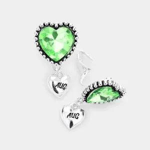 August Birthstone Heart Dangle Clip On Earrings