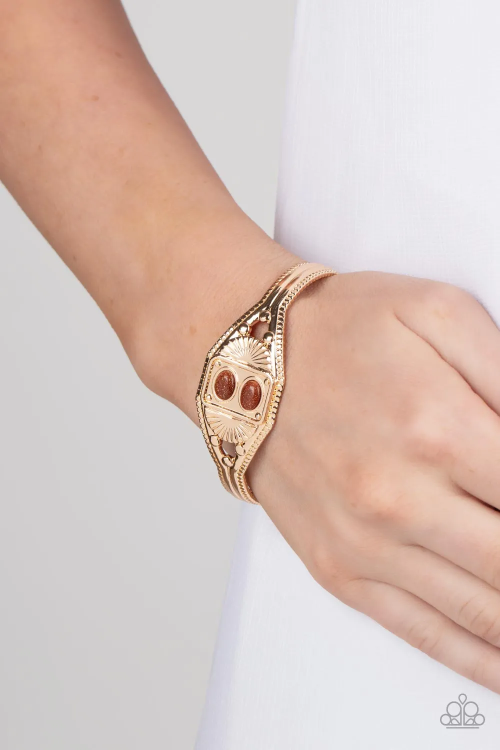 Aztec Allure - Gold - Brown Bead Sunburst Paparazzi Cuff Bracelet
