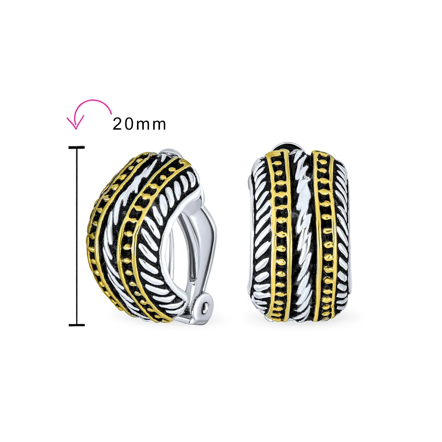 Bali Style Two Tone Rope Half Hoop Clip-On Earrings Gold Silver Plated Brass