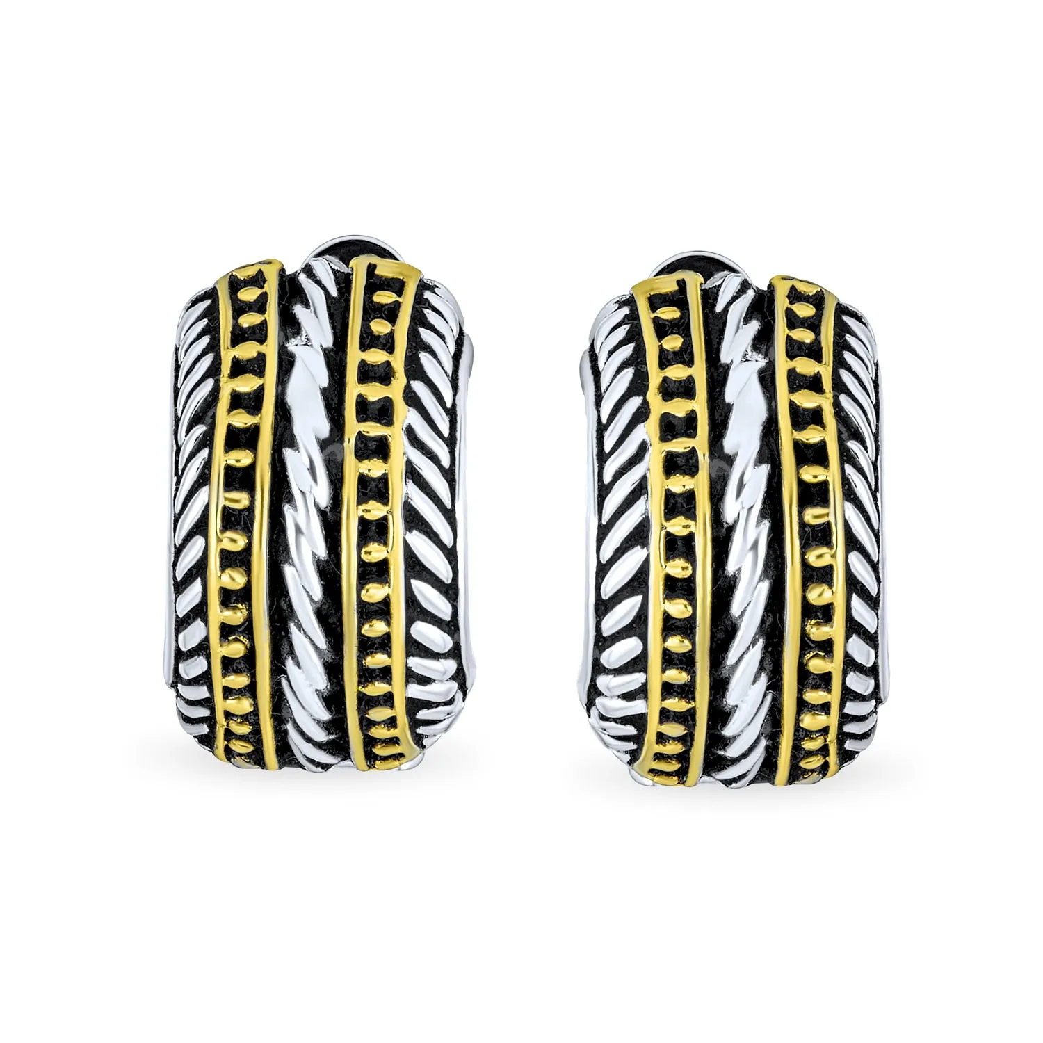 Bali Style Two Tone Rope Half Hoop Clip-On Earrings Gold Silver Plated Brass