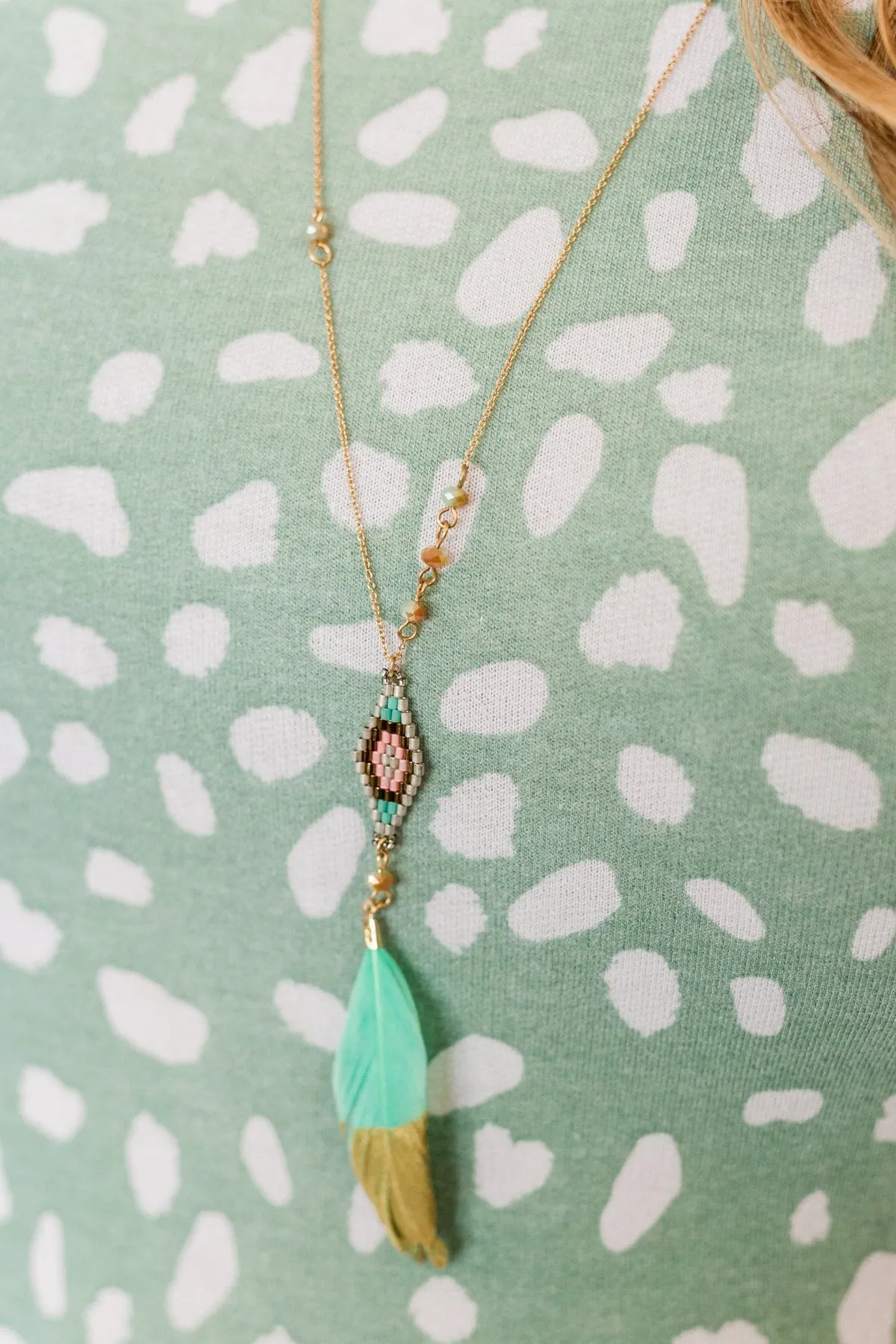 Beautifully Me Feather Pendant Necklace- Mint Blue & Gold