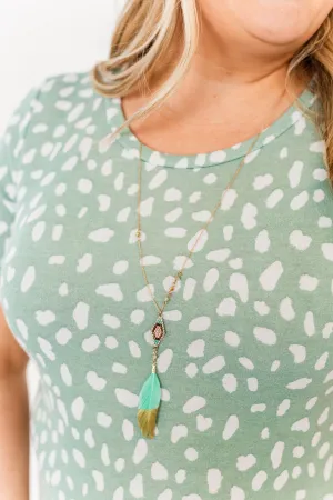 Beautifully Me Feather Pendant Necklace- Mint Blue & Gold