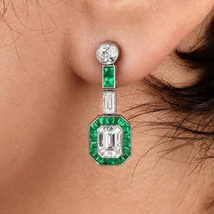 Bezel Set Emerald Cut Diamond, Emerald, and European Cut Diamond Art Deco Drop Earrings