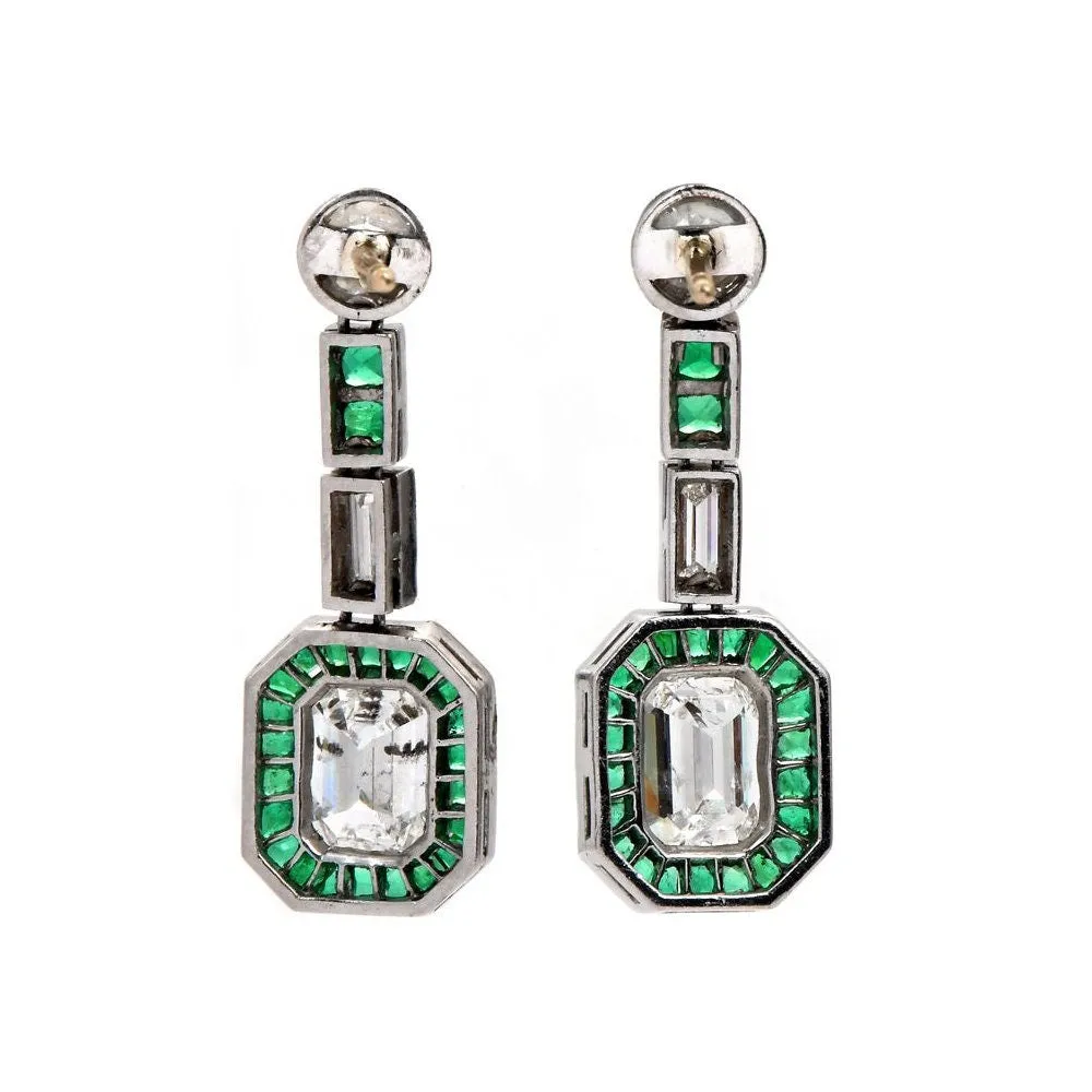 Bezel Set Emerald Cut Diamond, Emerald, and European Cut Diamond Art Deco Drop Earrings